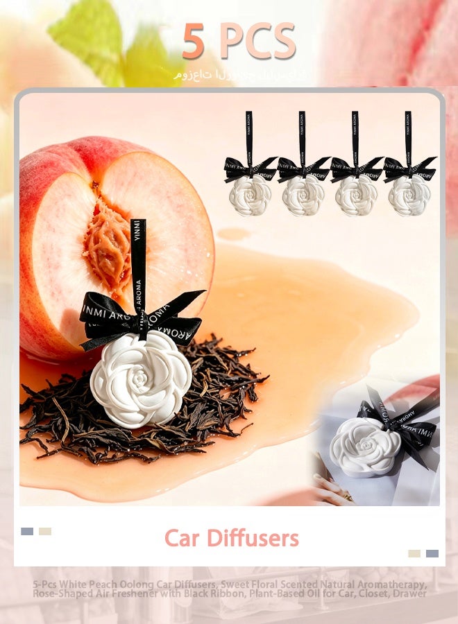 5-Pcs White Peach Oolong Car Diffusers, Sweet Floral Scented Natural Aromatherapy, Rose-Shaped Air Freshener with Black Ribbon, Plant-Based Oil for Car, Closet, Drawer - Image 1