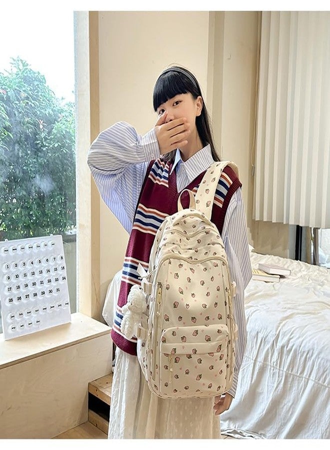 MININAI حقيبة ظهر مينيناي لطيفة مطبوعة بالزهور للنساء، حقيبة كتب أنيقة وجميلة للكمبيوتر المحمول، مناسبة للعمل والسفر والجامعة (فراولة) - Image 3