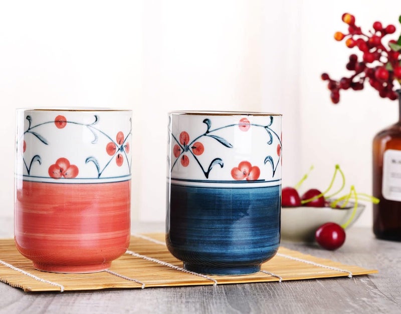 WHJY 10oz Transitional Chinese/Japanese style Handle-less Ceramic Tea cups teacup, Red Flora Pattern Set of 2 - Image 4