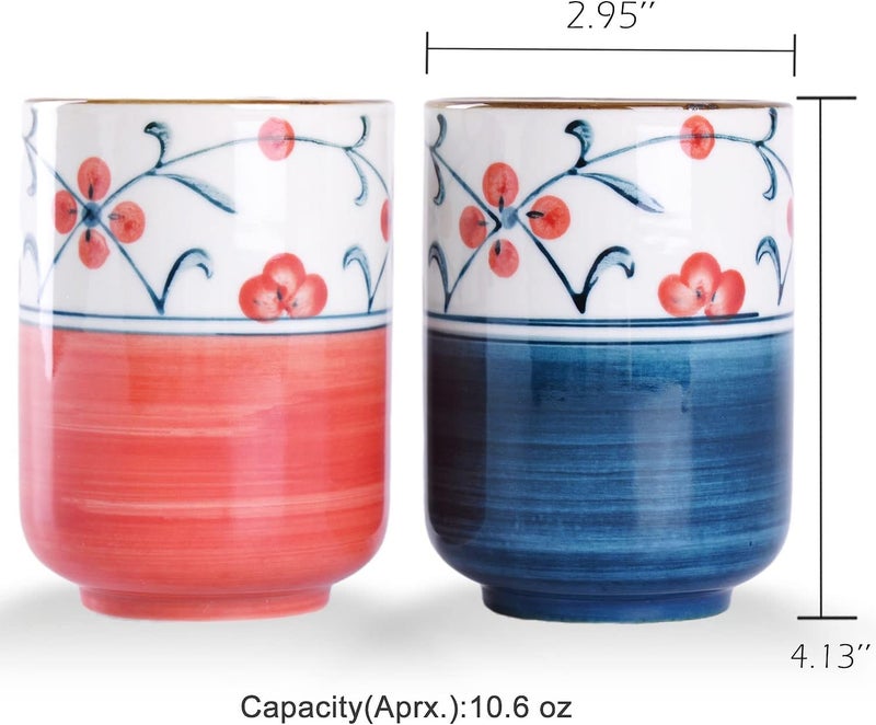 WHJY 10oz Transitional Chinese/Japanese style Handle-less Ceramic Tea cups teacup, Red Flora Pattern Set of 2 - Image 2