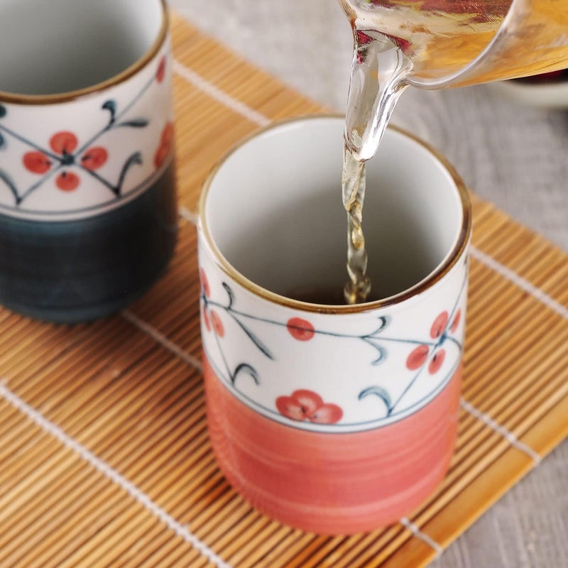 WHJY 10oz Transitional Chinese/Japanese style Handle-less Ceramic Tea cups teacup, Red Flora Pattern Set of 2 - Image 3