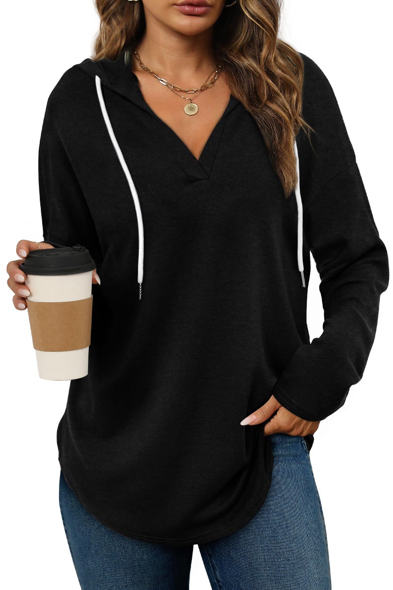 Bofell Hoodie Pullover Sweatshirt for Women Soft V Neck Long Sleeve Shirts Casual Fall Clothes 2025 Plus Size Womens Clothing Black XL - Image 1