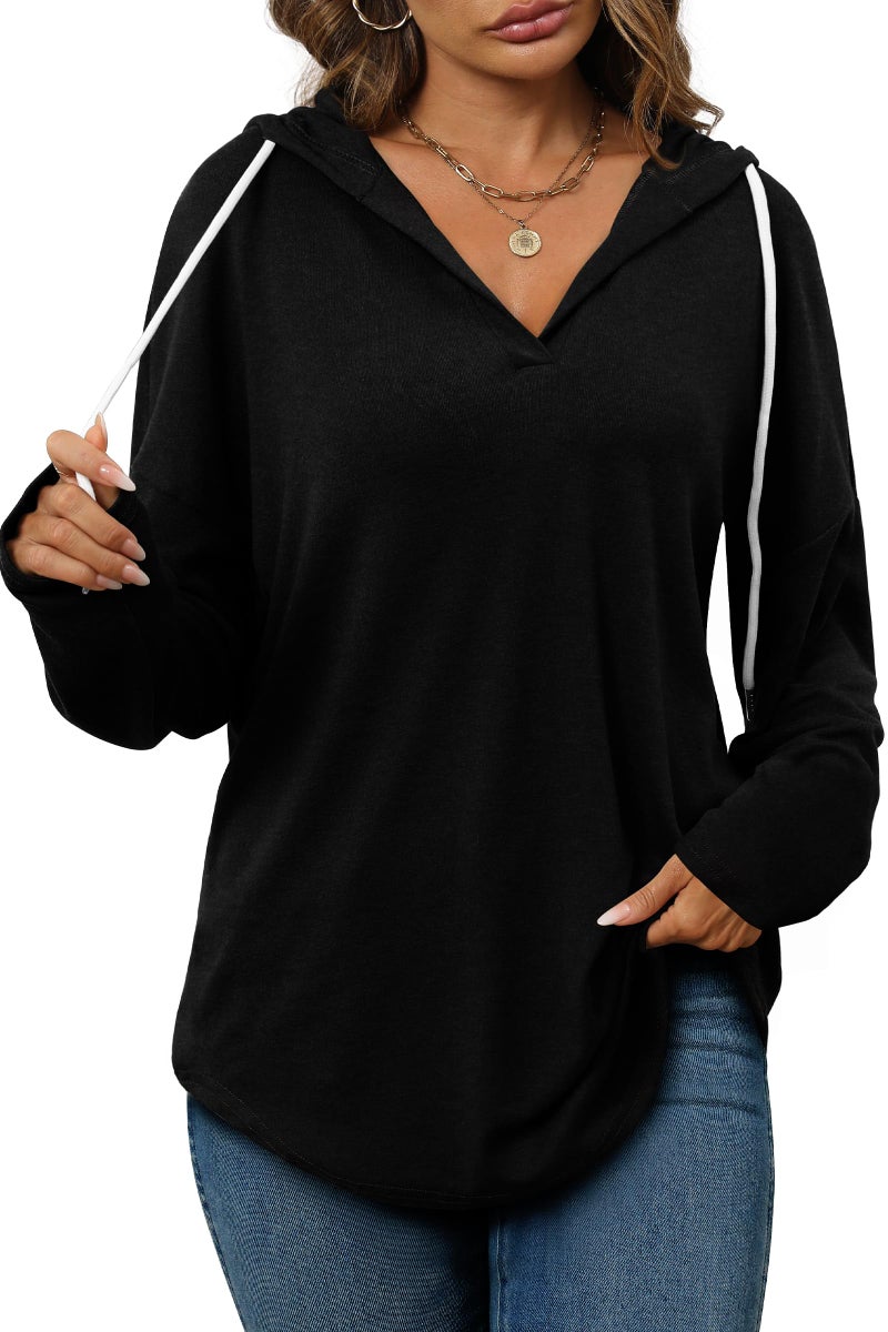 Bofell Hoodie Pullover Sweatshirt for Women Soft V Neck Long Sleeve Shirts Casual Fall Clothes 2025 Plus Size Womens Clothing Black XL - Image 3