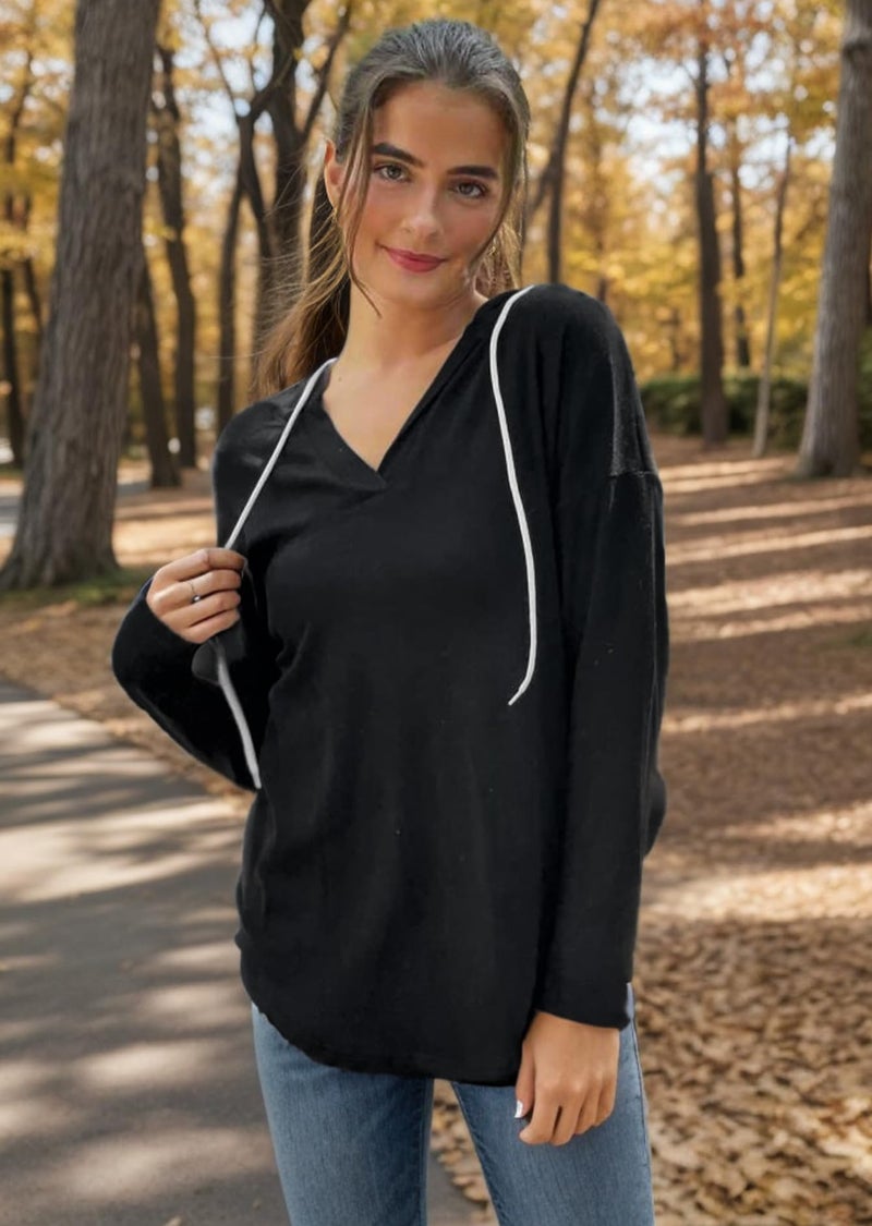 Bofell Hoodie Pullover Sweatshirt for Women Soft V Neck Long Sleeve Shirts Casual Fall Clothes 2025 Plus Size Womens Clothing Black XL - Image 2