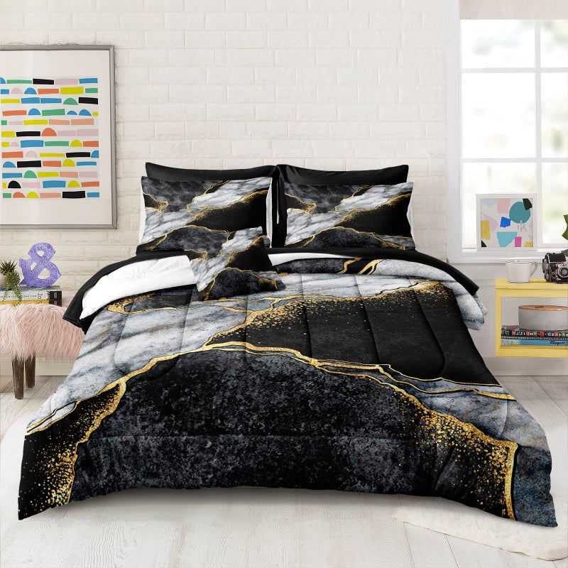 Merryword Black Marble Comforter Set King Size 8 Pieces Bed in a Bag Gold Metallic Marble Design Bedding with 1 Comforter 4 Pillowcase 1 Flat Sheet 1 Fitted Sheet 1 Cushion Cover