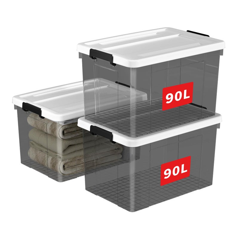 Cetomo 90L3 Storage Boxes Plastic Storage Box with Lids Organizing Container with Secure Latching Buckles Stackable Nestable Large Bin for Home Clothes 90L3Pack Clear Black