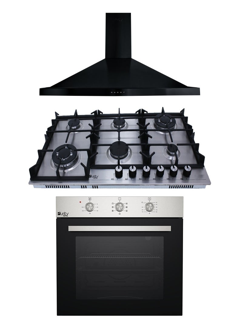 Purity Purity Built-in Kitchen Hood, 90 cm, Black - PENTO BL 90cm - Purity Built-in Stainless Steel Hob, 6 Burners, 90 cm, Silver - HPT904S - Purity Built-in Gas Oven with Grill, 65 L, 60 cm, Stainless Steel - OPT601GG  - Image 1