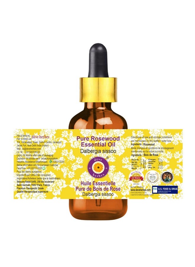 Deve Herbes - Pure Rosewood Essential Oil (Dalbergia Sissoo) With Glass Dropper Steam Distilled 5Ml - Image 1