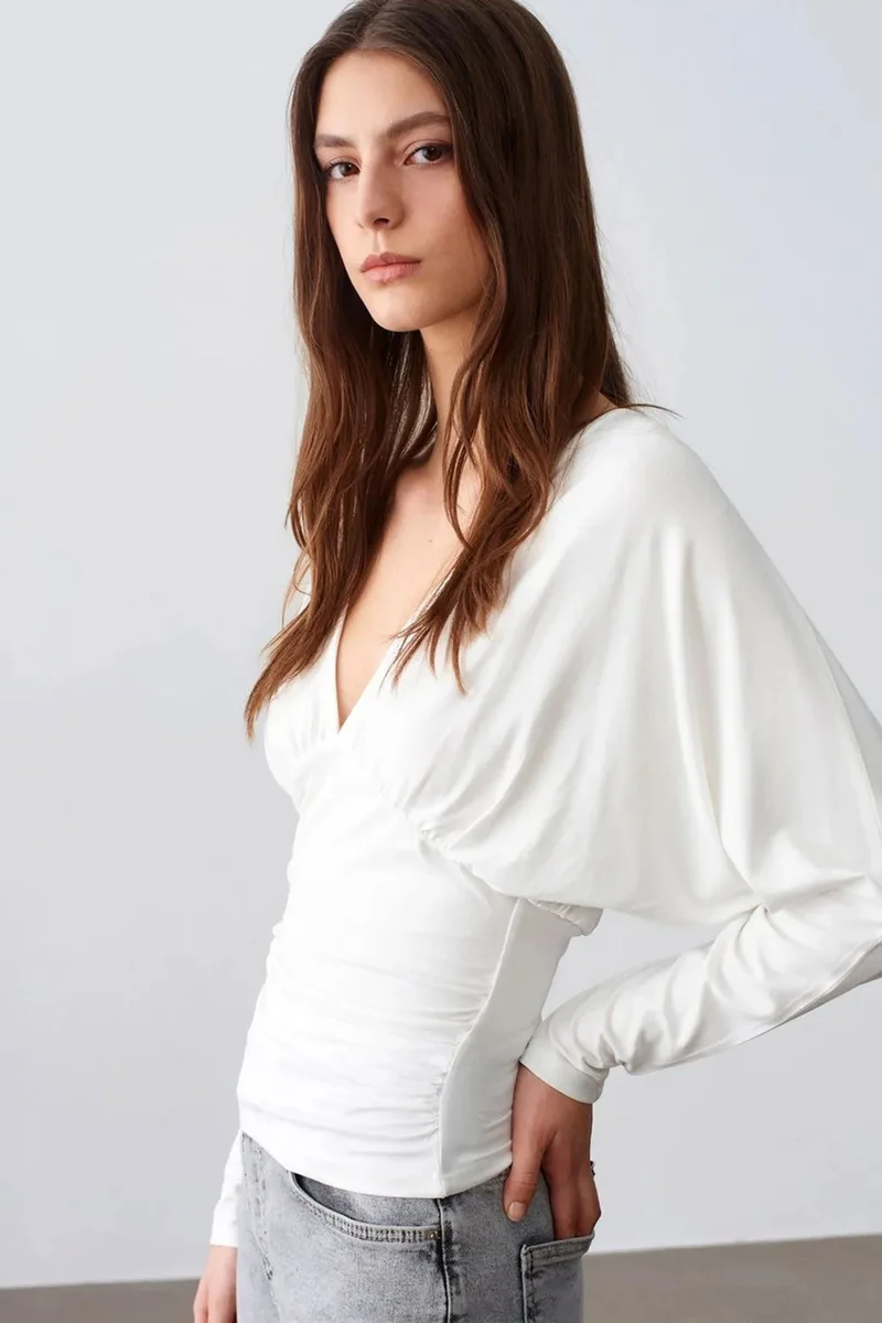 Dilvin White DILVIN Slim Fit V-Neck Wrap Blouse for Women | Best Price UAE