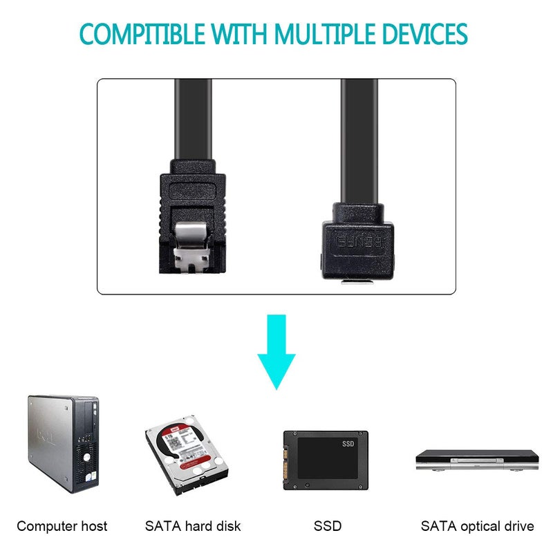 Benfei كابل SATA III، حزمة 3 كابلات SATA III بسرعة 6Gbps بزاوية 90 درجة مع قفل 18 بوصة لـ SATA HDD، SSD، مشغل CD، كاتب CD - أسود - Image 5