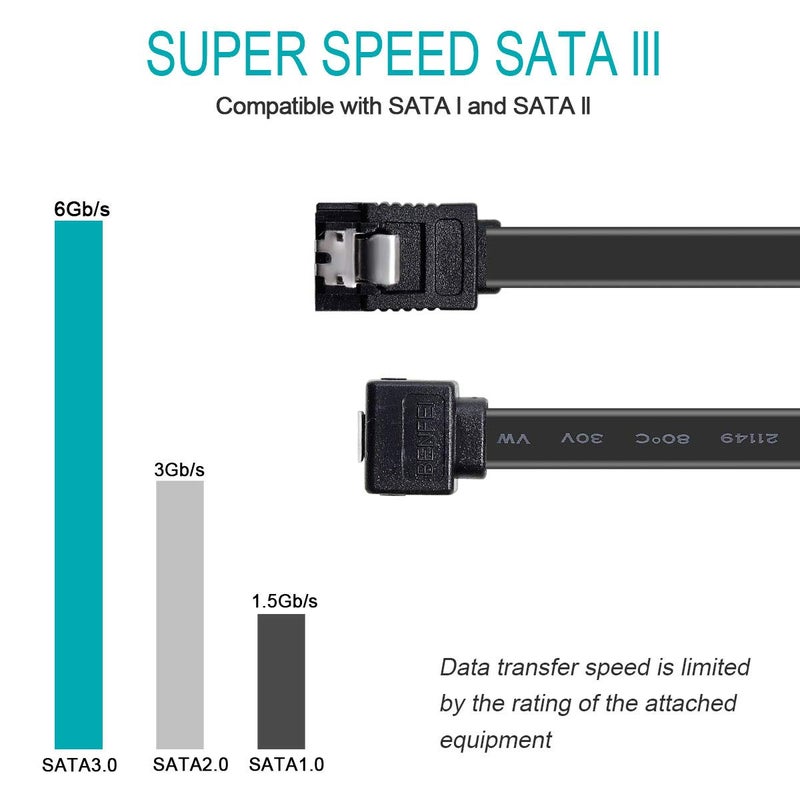 Benfei كابل SATA III، حزمة 3 كابلات SATA III بسرعة 6Gbps بزاوية 90 درجة مع قفل 18 بوصة لـ SATA HDD، SSD، مشغل CD، كاتب CD - أسود - Image 2