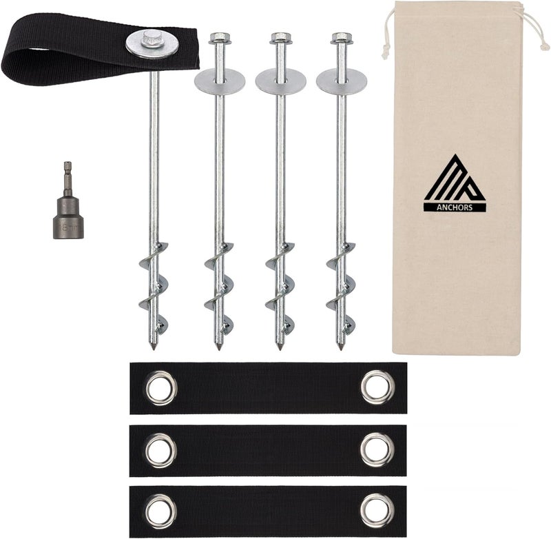 MightyPhine Trampoline Anchors High Wind Heavy Duty 12" Set of 4/6/8 with Straps, Drill Bit - Trampoline Anchor Kit - Trampoline Stakes Anchors High Wind - Ground Anchors - Trampoline Wind Stakes - Ground Stakes - Image 1