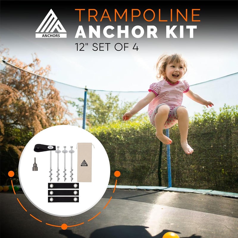 MightyPhine Trampoline Anchors High Wind Heavy Duty 12" Set of 4/6/8 with Straps, Drill Bit - Trampoline Anchor Kit - Trampoline Stakes Anchors High Wind - Ground Anchors - Trampoline Wind Stakes - Ground Stakes - Image 2