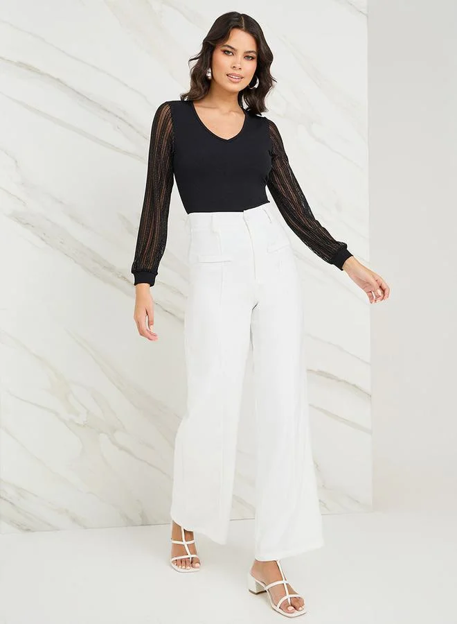 Styli V Neck Contrast Mesh Sleeve Fitted Knit Top