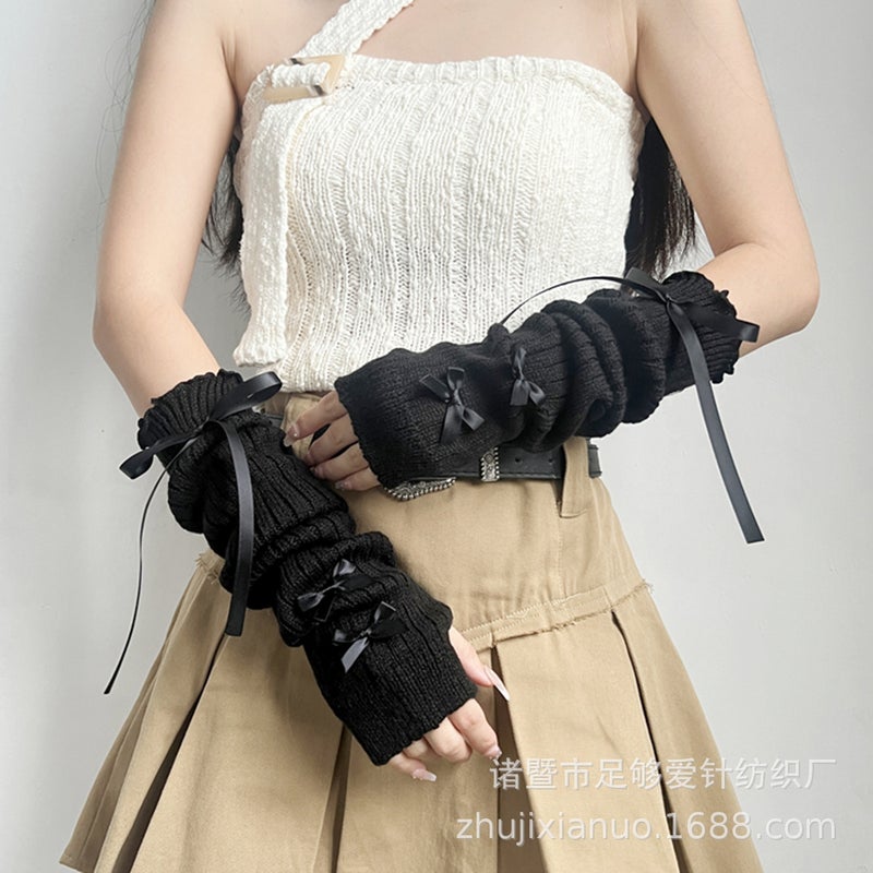 Y2K Fashion Arm Warmers Ballet Style Fingerless Gloves 283 # Black + black knot 