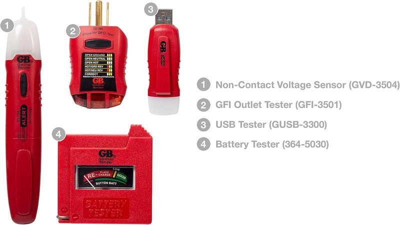 Gardner Bender Household Electrical Tester Kit; Battery, GFCI, Non-Contact Voltage, and USB Testers - Image 2