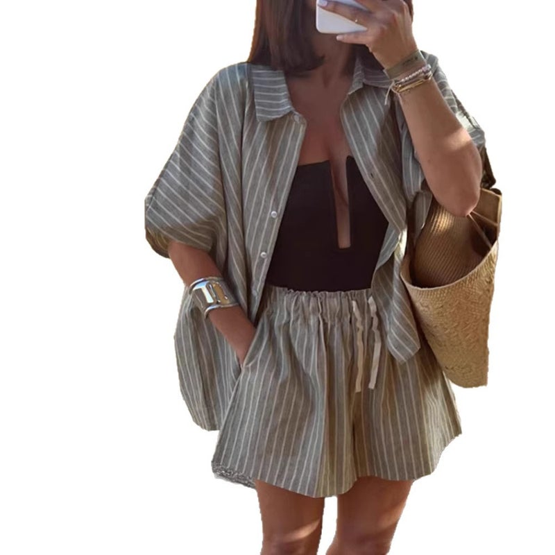 Women's Cotton Linen Striped Shirt and Shorts Set - Image 5
