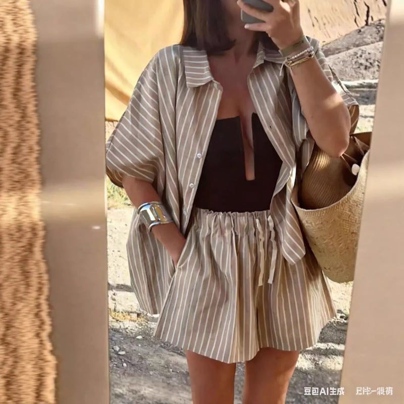 Women's Cotton Linen Striped Shirt and Shorts Set - Image 3