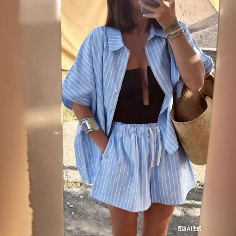 Women's Cotton Linen Striped Shirt and Shorts Set - Image 2