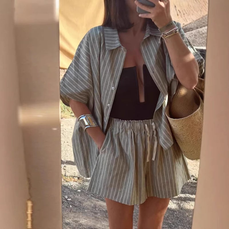 Women's Cotton Linen Striped Shirt and Shorts Set - Image 1