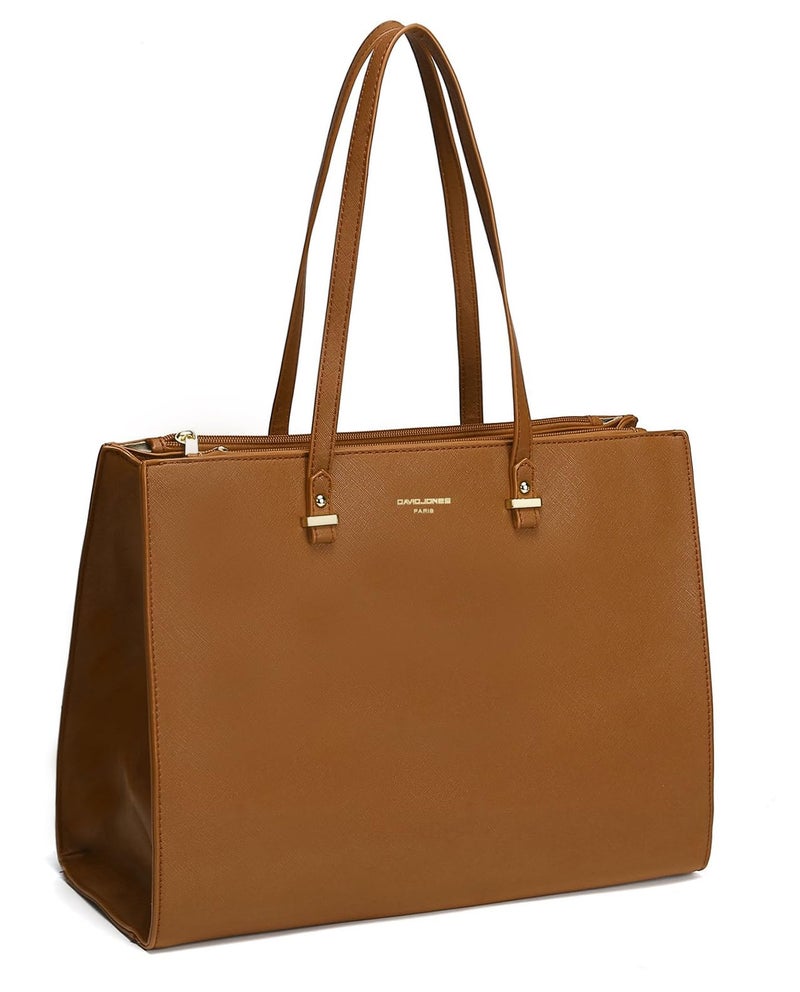David Jones - Women's Large Size XL Tote Handbag - Shoulder Bag School Work Business A4 Size - Faux Leather Shopper Long Handle Computer Bag, Brown Cognac, Taille unique - Image 1