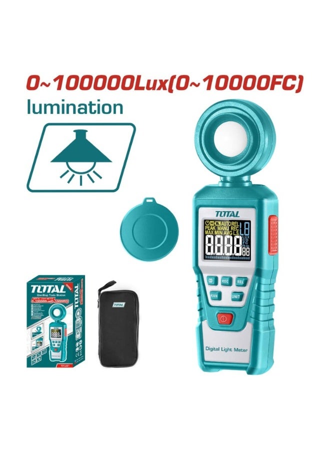 توتال مقياس الإضاءة الرقمي TOTAL 0-100000 لوكس (0-10000 قدم مكعب) - مقياس إضاءة احترافي مزود بشاشة LCD، وإضاءة خلفية، ونطاق تلقائي، ومستشعر قابل للدوران 180 درجة، وحقيبة حمل - الموديل TETLU01 - Image 1