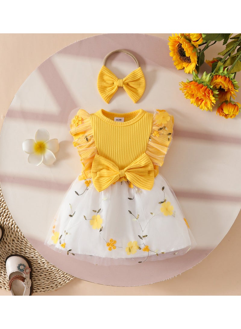 18-24M 2-Piece Toddler Baby Girl Dress with Matching Headband, Yellow Bow Dress and Floral Tulle Skirt, Perfect for Birthday, Photoshoots, Summer Parties, Weddings, and Casual Outings  - Image 1