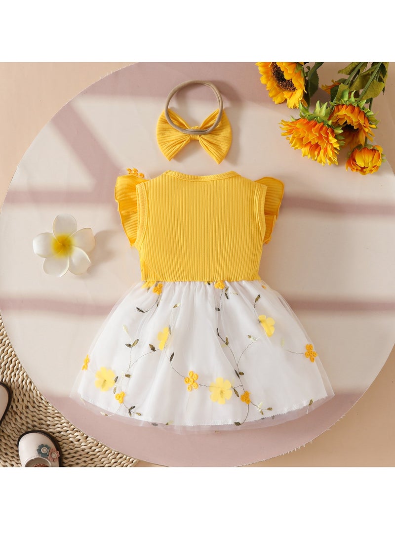 18-24M 2-Piece Toddler Baby Girl Dress with Matching Headband, Yellow Bow Dress and Floral Tulle Skirt, Perfect for Birthday, Photoshoots, Summer Parties, Weddings, and Casual Outings  - Image 2
