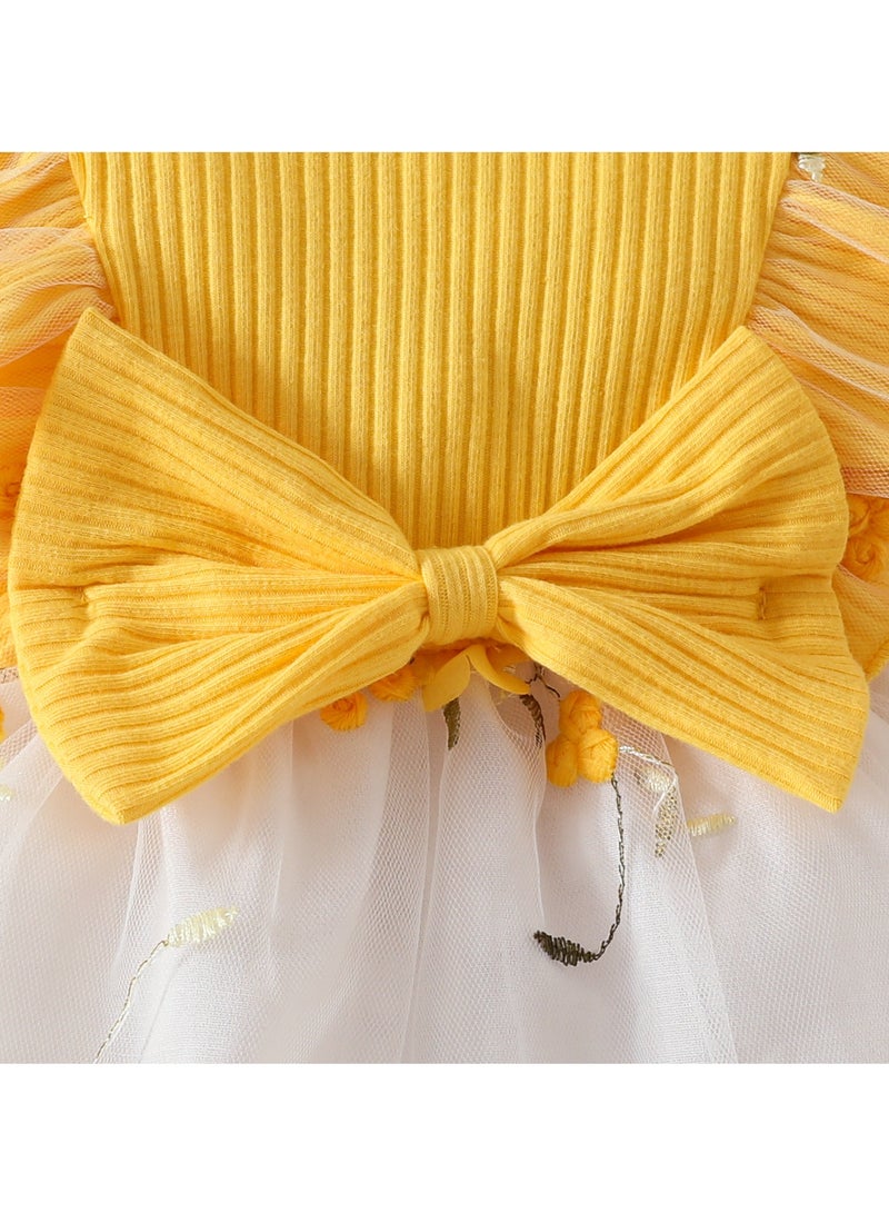18-24M 2-Piece Toddler Baby Girl Dress with Matching Headband, Yellow Bow Dress and Floral Tulle Skirt, Perfect for Birthday, Photoshoots, Summer Parties, Weddings, and Casual Outings  - Image 5