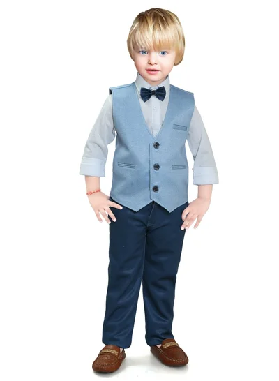 بيبي كلو Gentleman four piece kids boys solid pattern tank shirt pant waist coat with bow tie set