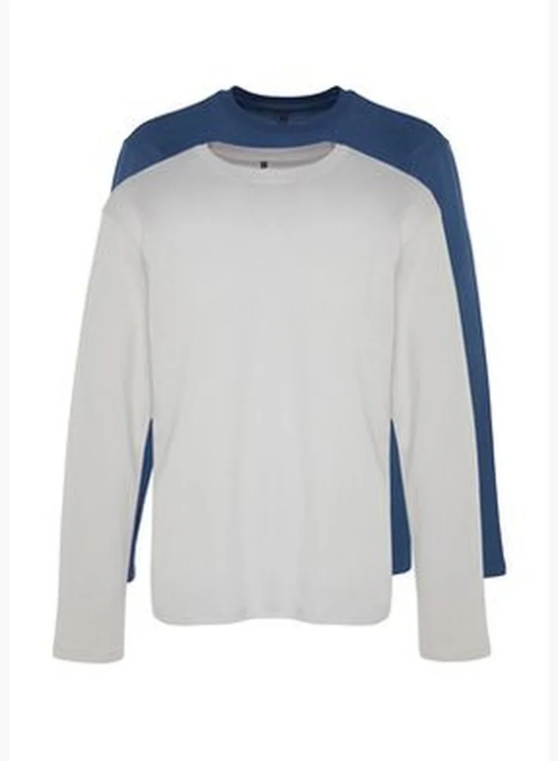 trendyol Grey-Indigo Men 2-Pack 100% Cotton Long Sleeve Regular/Regular Cut Basic T-Shirt.