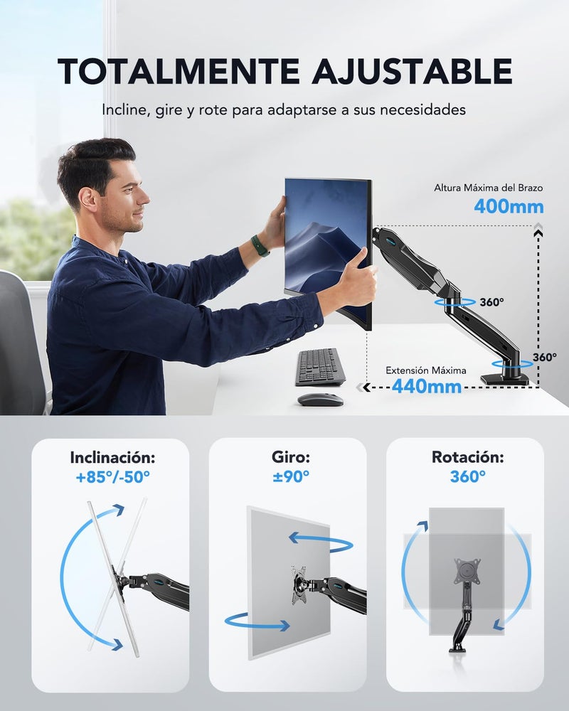 HUANUO Single Monitor Mount, 13 to 32 Inch Monitor Arm, Adjustable Monitor Stand, Vesa Mount with Clamp and Grommet Base - Fits 4.4 to 19.8lbs LCD Computer Monitors - Image 3