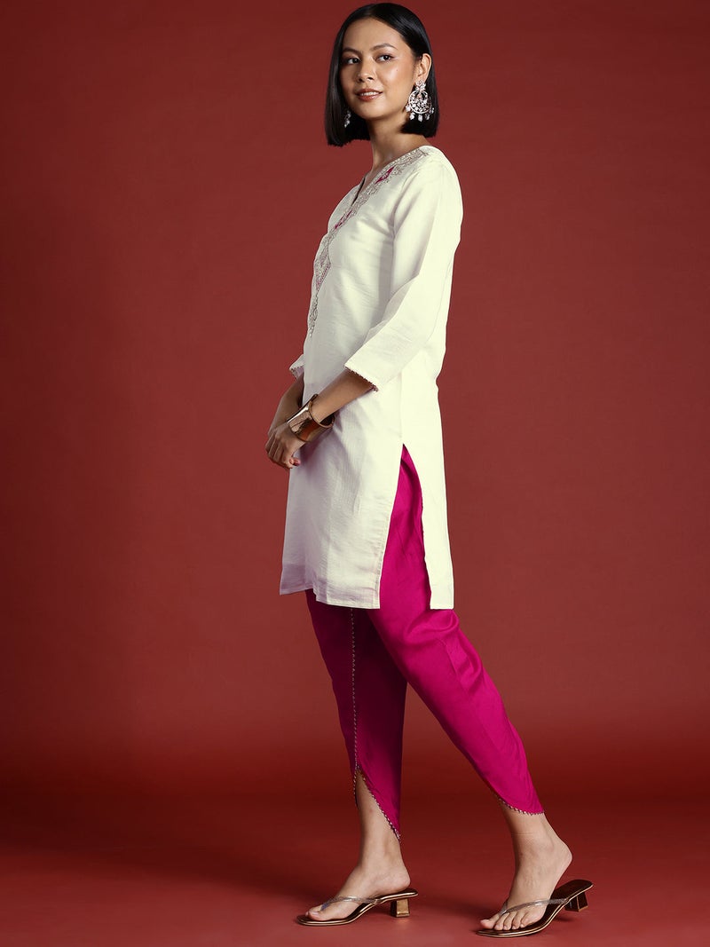 PRASHA Off White & Magenta Silk Blend Contrast Embroidered Tunic With Dhoti Co-ord Set - Image 2