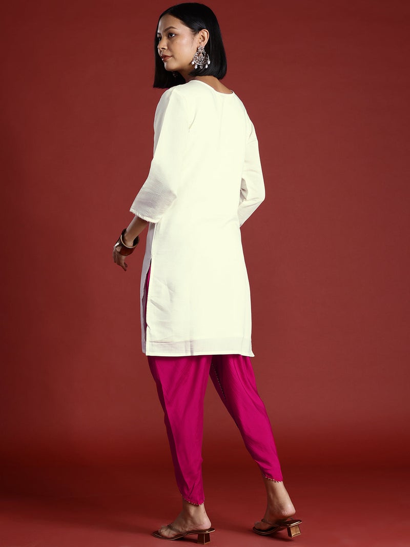 PRASHA Off White & Magenta Silk Blend Contrast Embroidered Tunic With Dhoti Co-ord Set - Image 3