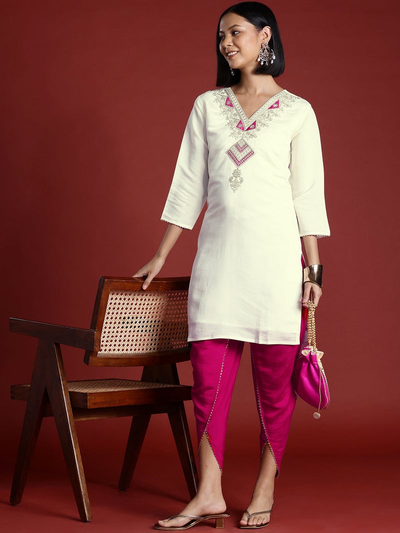 PRASHA Off White & Magenta Silk Blend Contrast Embroidered Tunic With Dhoti Co-ord Set - Image 1