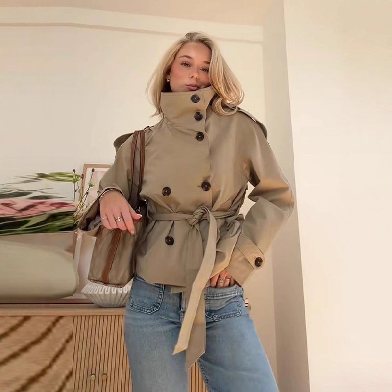 2026 New Retro Double-Breasted Belted Short Trench Coat with Turn-Down Collar - Image 4