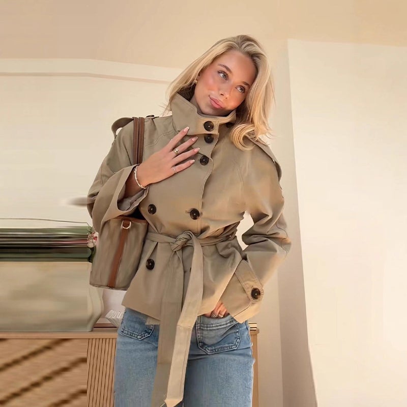 2026 New Retro Double-Breasted Belted Short Trench Coat with Turn-Down Collar - Image 2