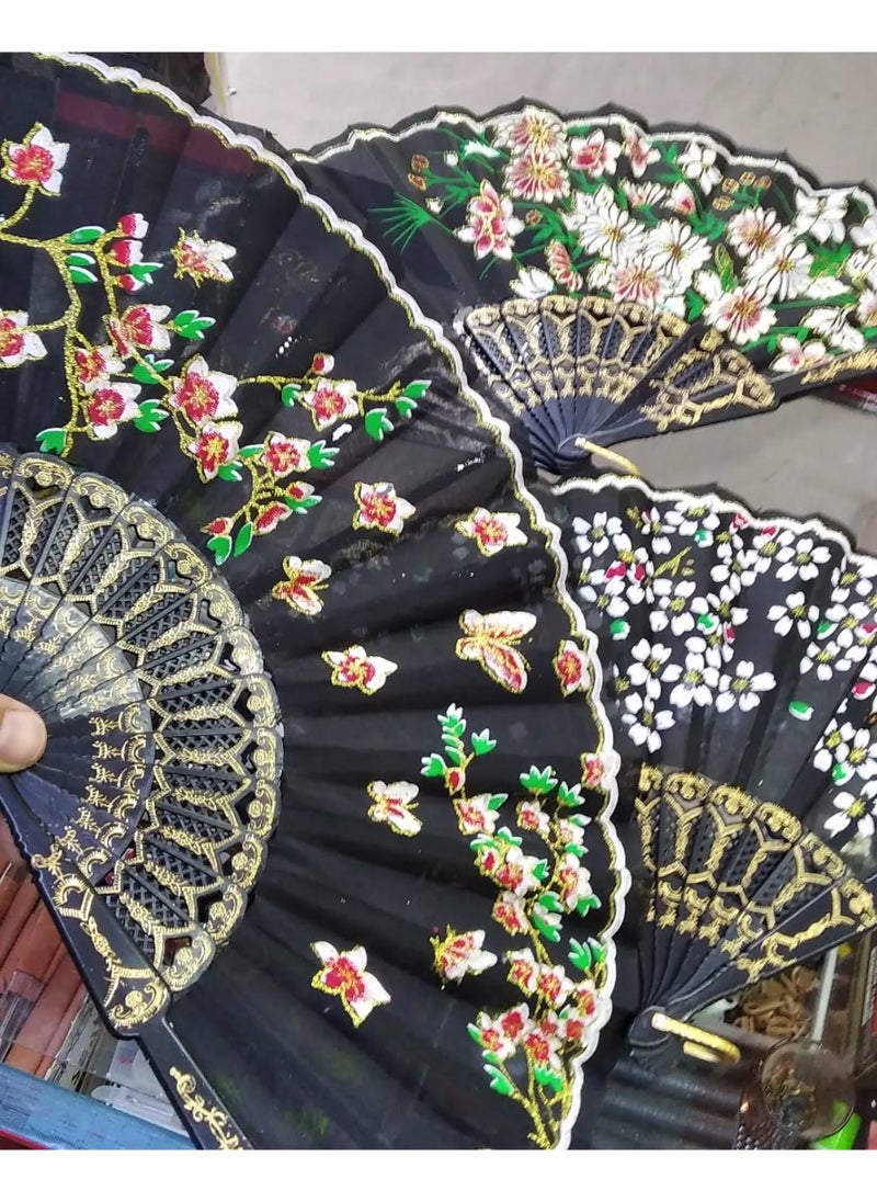 ماركة غير محددة مروحة يدوية قابلة للطي على الطراز الكلاسيكي، مروحة يدوية من القماش قابلة للطي صينية/إسبانية لحفلات الزفاف، هدايا الحفلات، العروض، الرقص، ديكورات المنزل، المهرجانات، الهدايا (نمط زهرة, اسود)  - Image 2