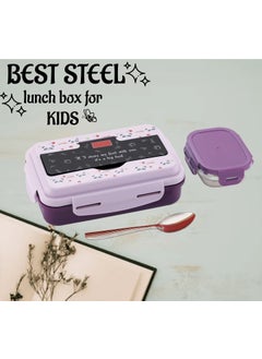 Nabhya Nabhya Best Steel 900ML, Stainless Steel Lunch Box for Kids, Outer Plastic Inner Steel Tiffin Box for School Kids, Lunch Box with Small Katori & Spoon, Leak-Proof Tiffin Box (900ML, Purple)  - Image 3