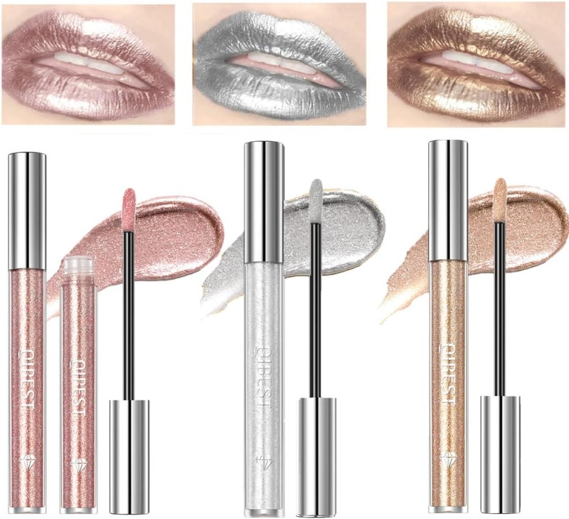 Metallic Lipstick Set 3 PCS Lipgloss Glitter Silver Gold Pink Matt Metallic Lipstick Set Liquid Shiny Lipstick Lipgloss Liquid Lipstick Pink Champagne Shine Punk Makeup 3 Pcs