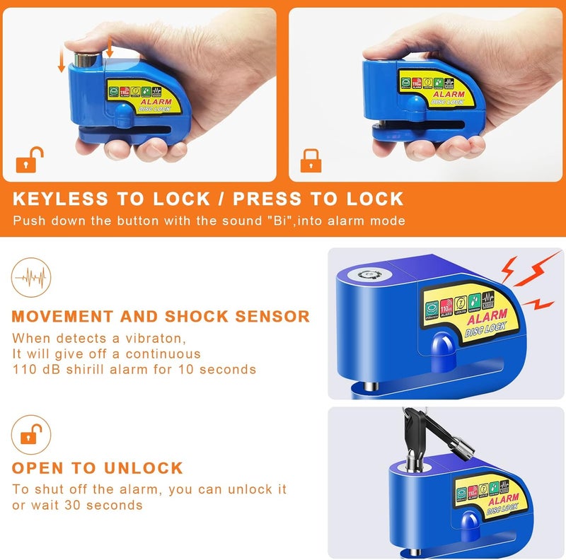 Mathtoxyz Motorcycle Alarm Disc Brake Lock, Motorcycle Locks Anti Theft Security Wheel Disc Lock Waterproof 110dB Alarm Sound with 5ft Reminder Cable Keys and Carry Pouch for Motorbike Bike Scooter - Image 4