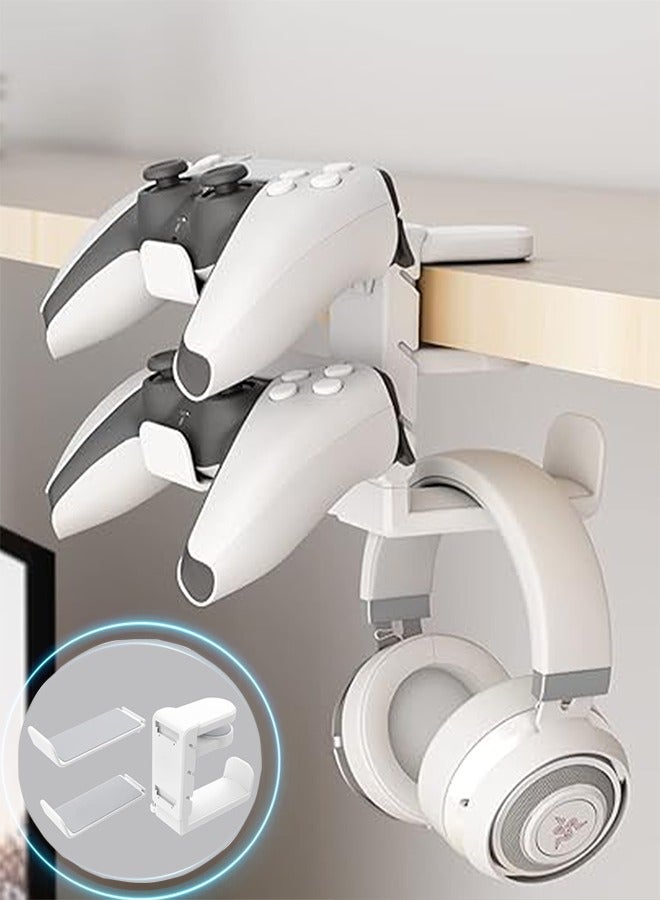 DGSENPI 3-in-1 PC Gaming Headset&Controller Holder Headphone Stand w/Adjustable Clamp&2 Controller Holder&Rotating Arm&Cable Organizer, Universal PC Gaming Accessory Controller Headset Stand-White - Image 1