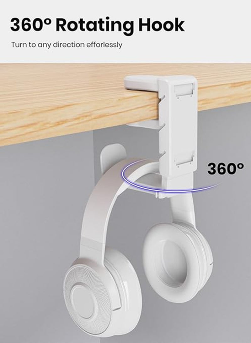 DGSENPI 3-in-1 PC Gaming Headset&Controller Holder Headphone Stand w/Adjustable Clamp&2 Controller Holder&Rotating Arm&Cable Organizer, Universal PC Gaming Accessory Controller Headset Stand-White - Image 2