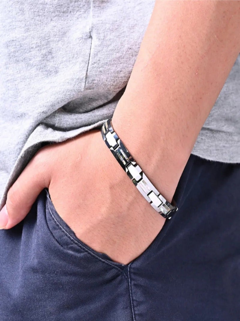 Luxury Simple Men’s Tungsten Ceramic Bracelet with Shell Inlay, Scratch-Resistant Daily Jewelry, Ideal Gift for Him & Ramadan Occasions - Image 2