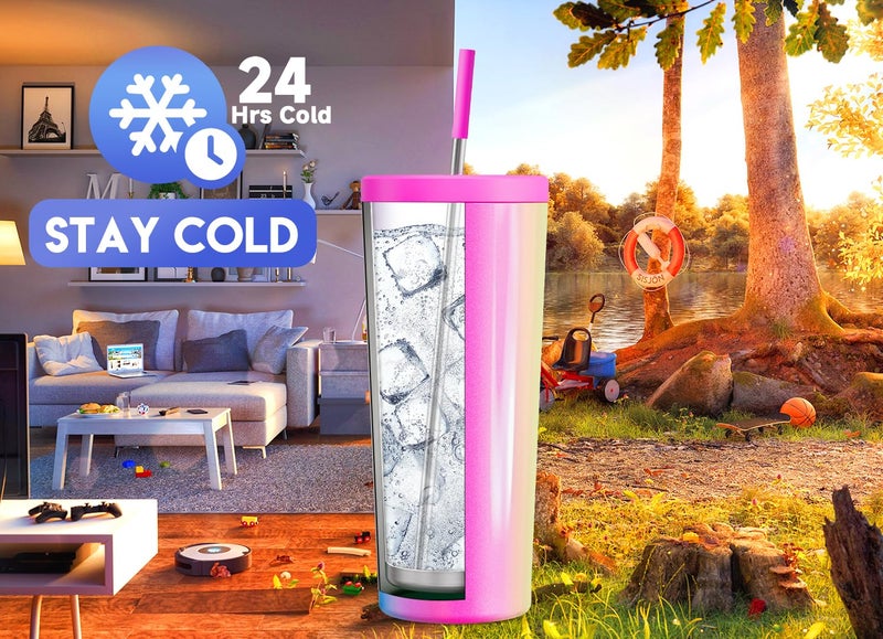 Meoky 24 oz Insulated Tumbler with Lid and Straw, Stainless Steel Vacuum Insulated Tumbler, Keeps Cold for 24 Hours, 100% Leak Proof, Fits in Car Cup Holder (Carnival) - Image 2