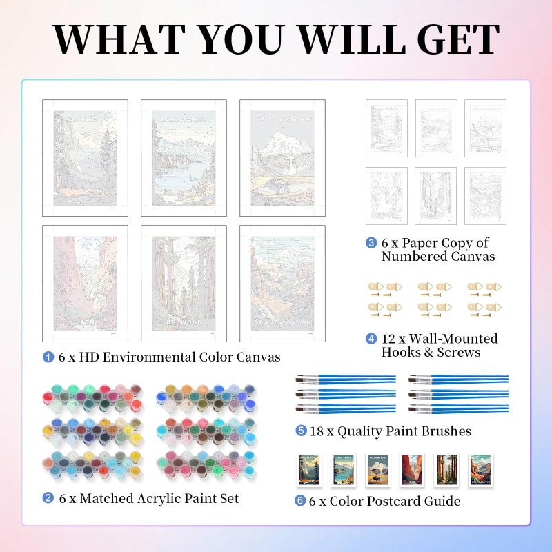 Camocin 6 Pack Paint by Numbers Kit for Adults, National Park Adult Paint by Number Kits on Canvas Without Frame for Beginner, Mountains Lake Acrylic Oil Painting by Numbers Kits for Home Decor 8 x 12 Inch - Image 4
