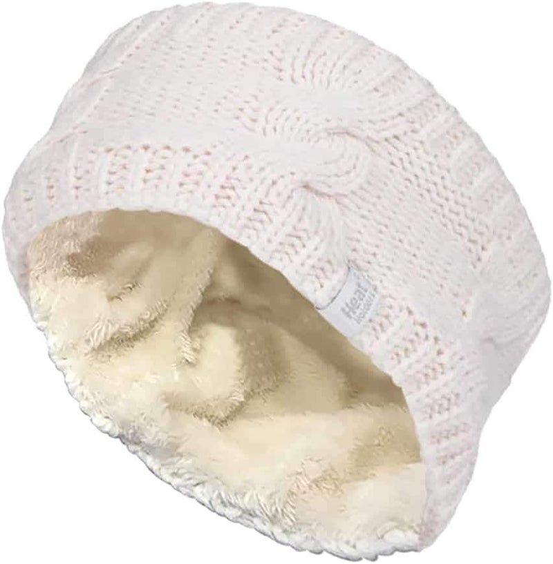 Heat Holders Ladies Thick Cable Knitted Fleece Lined Thermal Winter Empty Skull Ear Warmer Headband One Size Cream