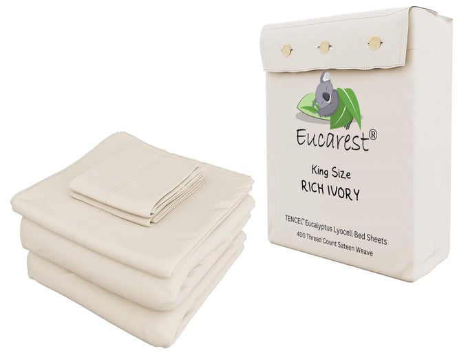EUCALYPTUS LYOCELL BED SHEETS HYPOALLERGENIC 100 ORGANIC TENCEL THERMAL REGULATING AND MOISTURE WICKING FOR HOT SLEEPERS SUPERIOR THREAD QUALITY EXTRA DEEP POCKETS KING SIZE IVORY