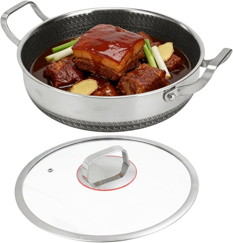 Sauté Pan: stainless steel frying pan, double handle non-stick pans with lid, even heat cookware, large kitchen pan for restaurant baking - Image 1