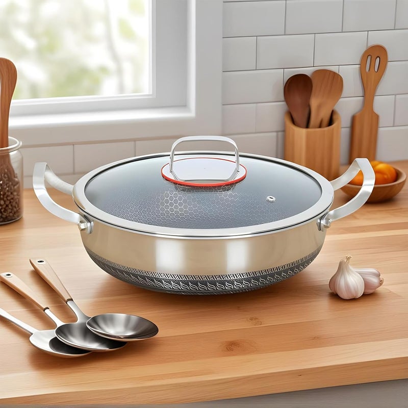 Sauté Pan: stainless steel frying pan, double handle non-stick pans with lid, even heat cookware, large kitchen pan for restaurant baking - Image 2
